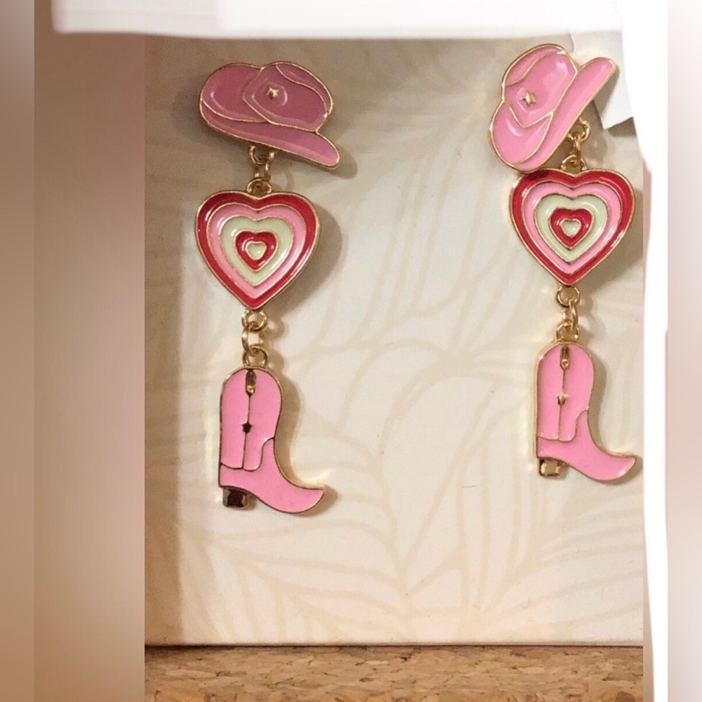 Pink & gold cowgirl cowboy hat‎ & boots heart rodeo dangling earrings new